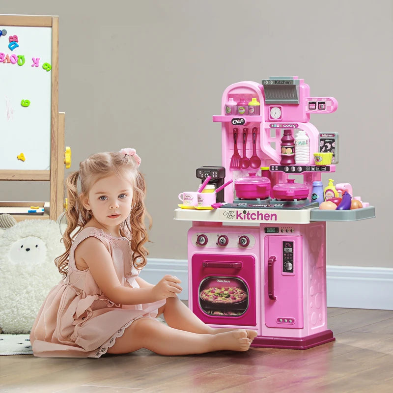 Kids Play Kitchen Set with 33 Accessories Lights Sounds Storage for Ages 3-6 Pink
