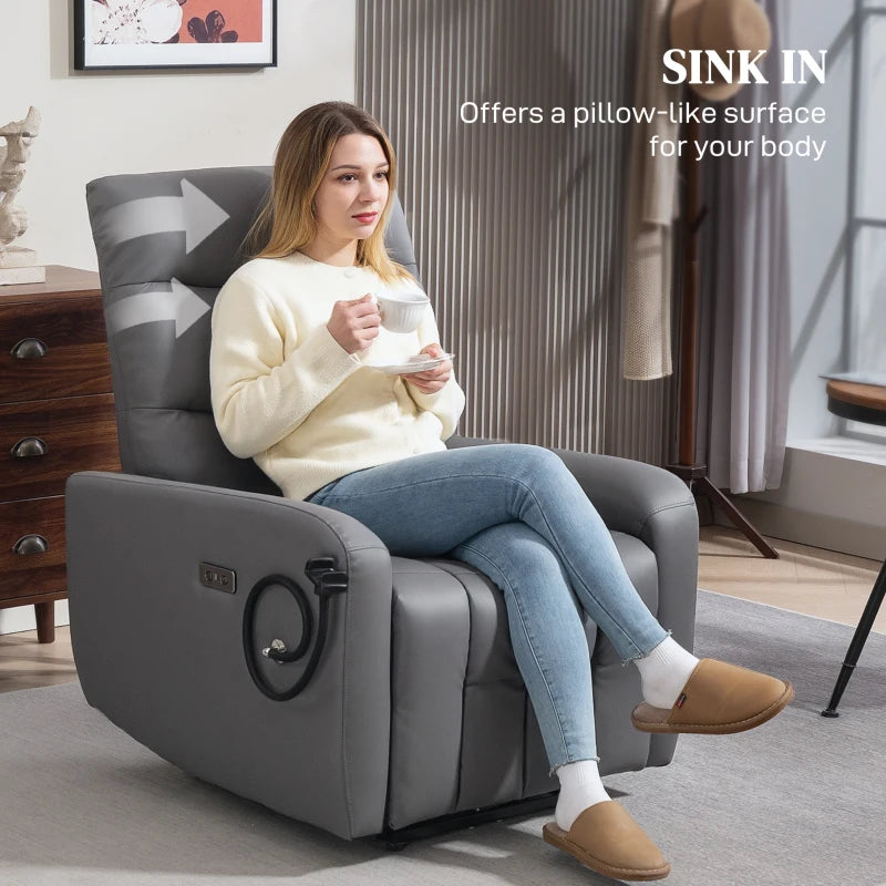 Electric Recliner Armchair with USB and Type C Charging, Phone Holder, Adjustable Leg Rest, Grey PU Leather for Living Room
