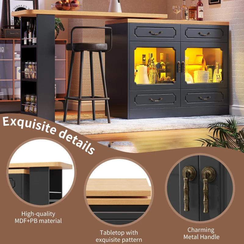 360° Rotating Bar Table with Spice Rack & Extendable Kitchen Island - 4 Drawers, Black, 135-203L x 39W x 93H cm