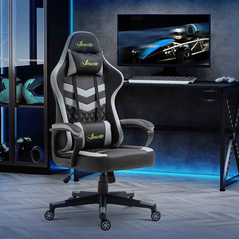 Vinsetto Gaming Chair - Ergonomic Computer Desk Chair with Lumbar Support, Faux Leather, Headrest & Swivel Wheels - Black Grey