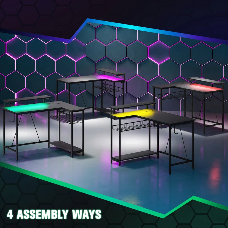Reversible 'L' LED Light Gaming & Work Desk - Stylish Black Design for Ultimate Comfort and Productivity