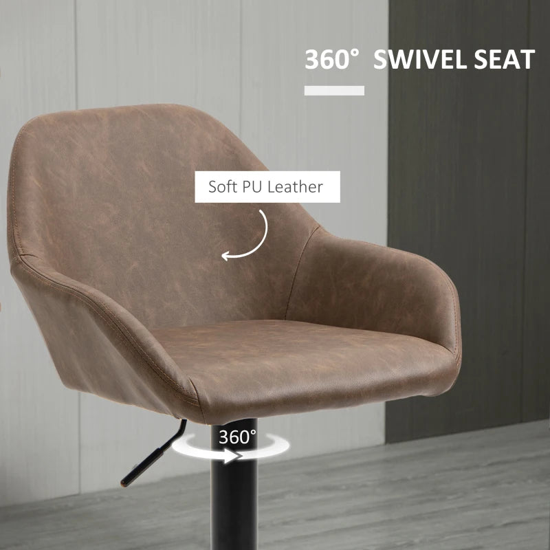 Set of 2 Height Adjustable Swivel Bar Stools with Backs, Armrests & Footrest - Dark Brown PU Leather Kitchen Seating