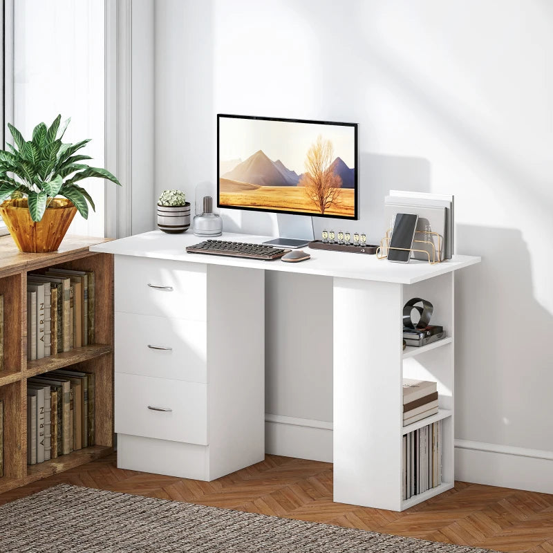 Modern White Computer Desk with 3 Storage Shelves & Drawers, Stylish Writing Table for Home Office, Silver Handle