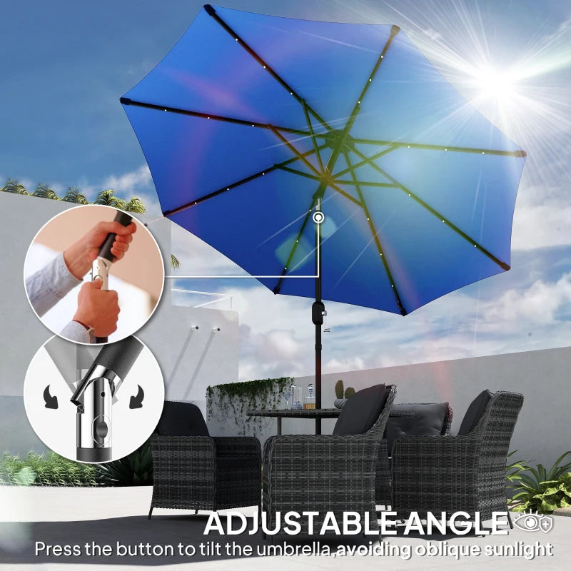 2.7m Blue LED Lighted Patio Umbrella - Outdoor Garden Parasol for Night Use
