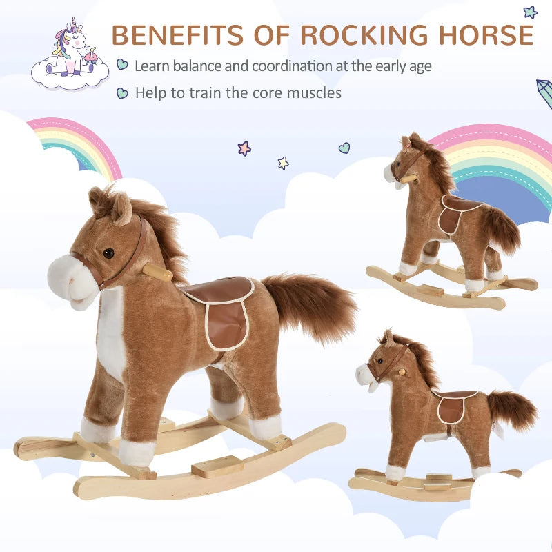 Kids Classic Rocking Horse with Moving Mouth & Neighing Sounds - Brown Plush Toy for Fun Playtime