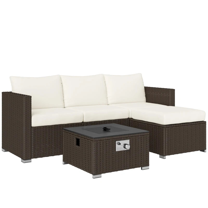 5-Piece Rattan Garden Furniture Set with Gas Fire Pit & Footstools - Brown & Cream