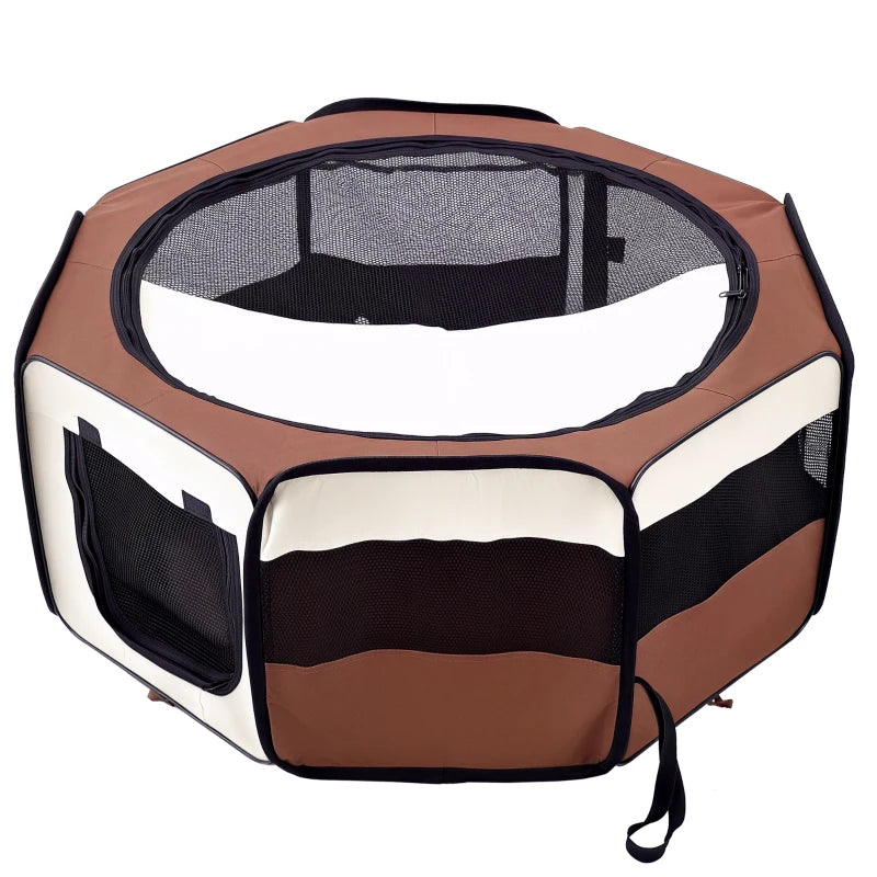 Portable Cat Dog Playpen - Indoor Outdoor Pet Pen for Puppies, Rabbits & Guinea Pigs - 90cm Diameter, 41cm Height, Brown