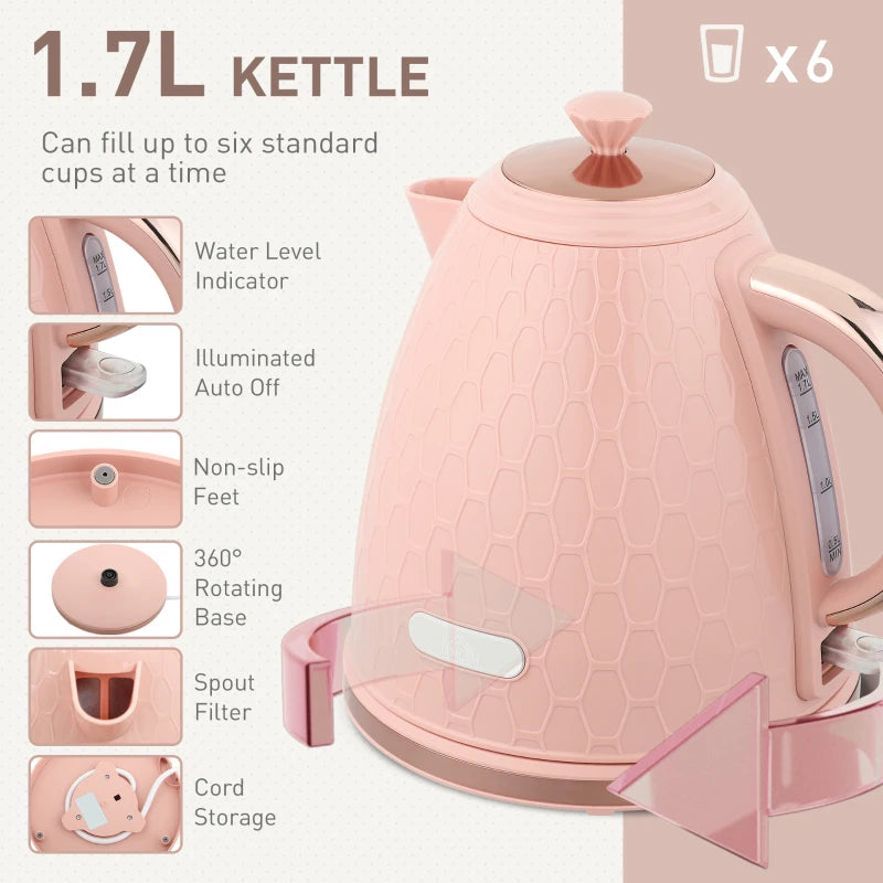 Light Pink 1.7L Fast Boil Kettle & 2 Slice Toaster Set - 3000W, Auto Shut Off, Browning Controls