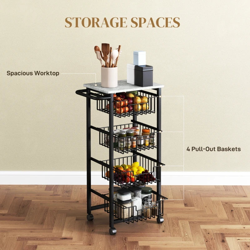 Stylish Grey/Black Four Basket Mobile Kitchen Island with Brakes - Perfect for Storage and Space-Saving Solutions