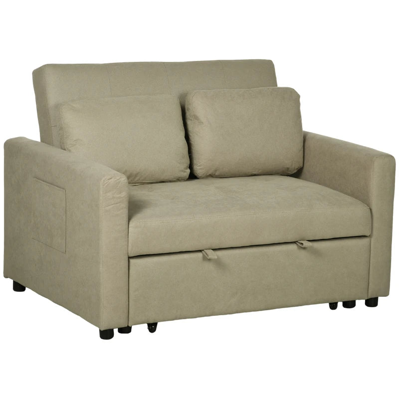 Light Brown Loveseat Sofa Bed with Cushions and Side Pockets for Living Room