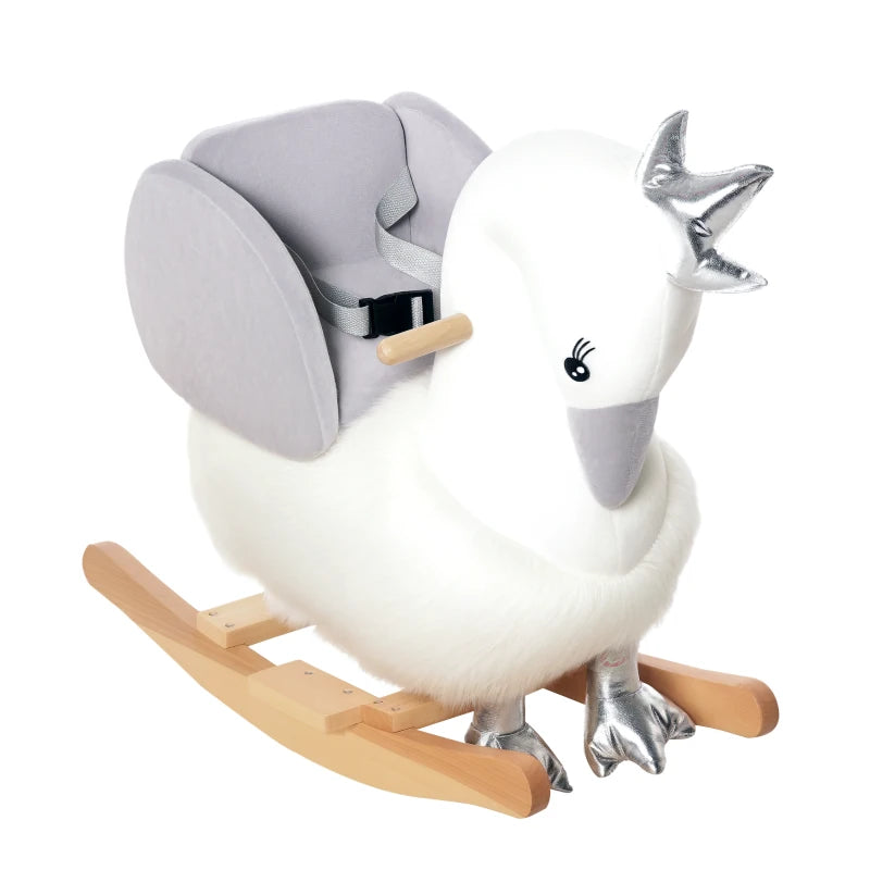 Kids Plush Rocking Horse & Swan Ride-On Toy with Sound, Wooden Base, Safety Belt for Toddlers 18-36 Months - White & Grey