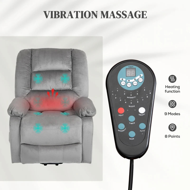 Velvet Electric Lift and Recline Massage Armchair with Remote Control in Grey