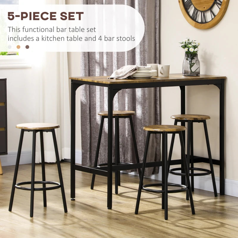 Five Piece Industrial Style Bar Table Set in Brown and Black for Modern Dining Spaces