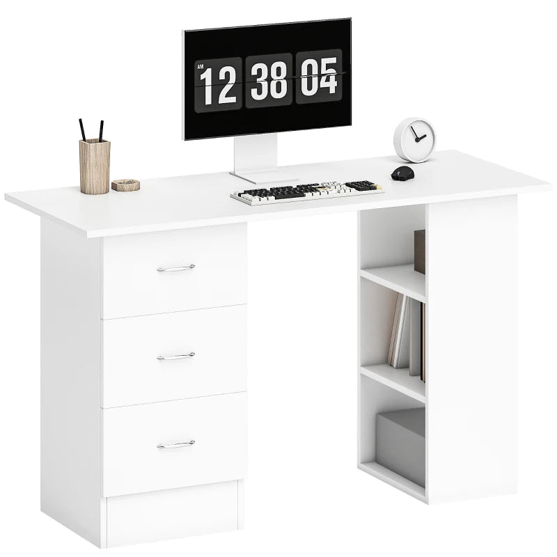 Modern White Computer Desk with 3 Storage Shelves & Drawers, Stylish Writing Table for Home Office, Silver Handle