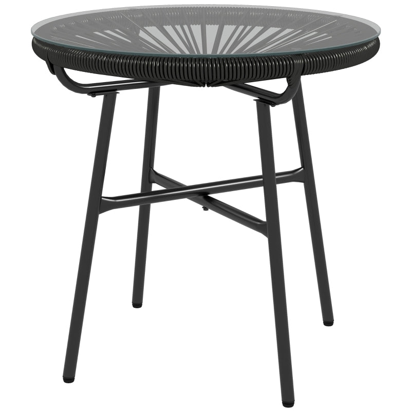 Round Black Rattan Side Table - Outdoor Coffee Table with Tempered Glass Top for Patio, Garden, Balcony - 18" Diameter