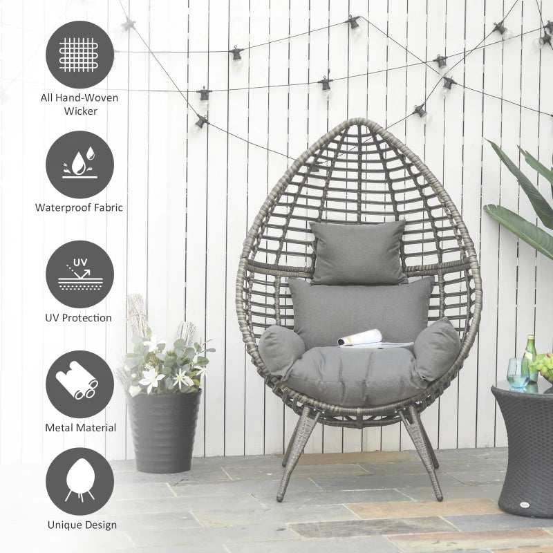Teardrop Wicker Rattan Chair with Thick Cushions - Outdoor Egg Seat (Grey)