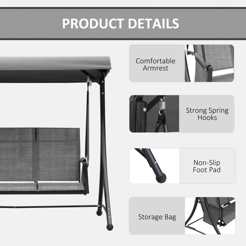 Charcoal Grey 3-Person Outdoor Swing Chair with High Back, Side Pouches, and Canopy