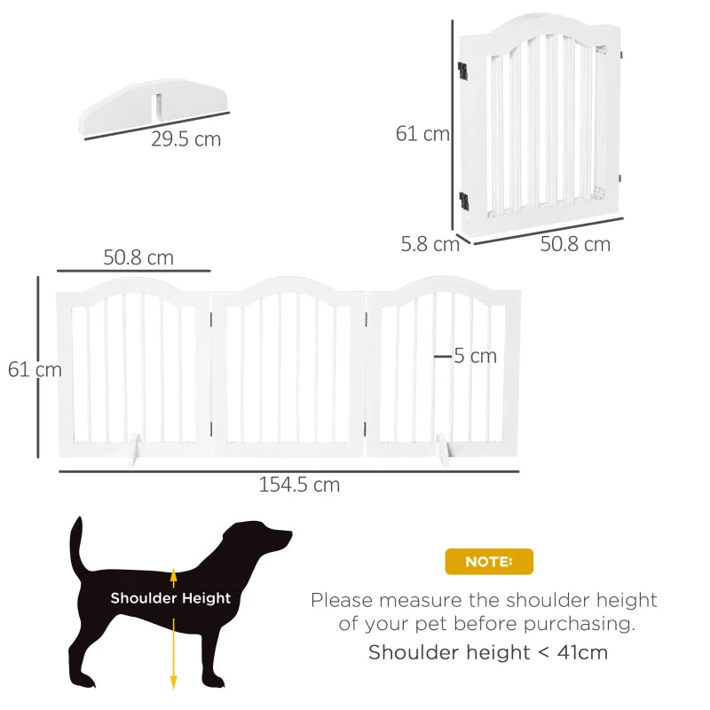 Freestanding 3 Panels Dog Gate with Support Feet - White Wooden Safety Barrier for Pets