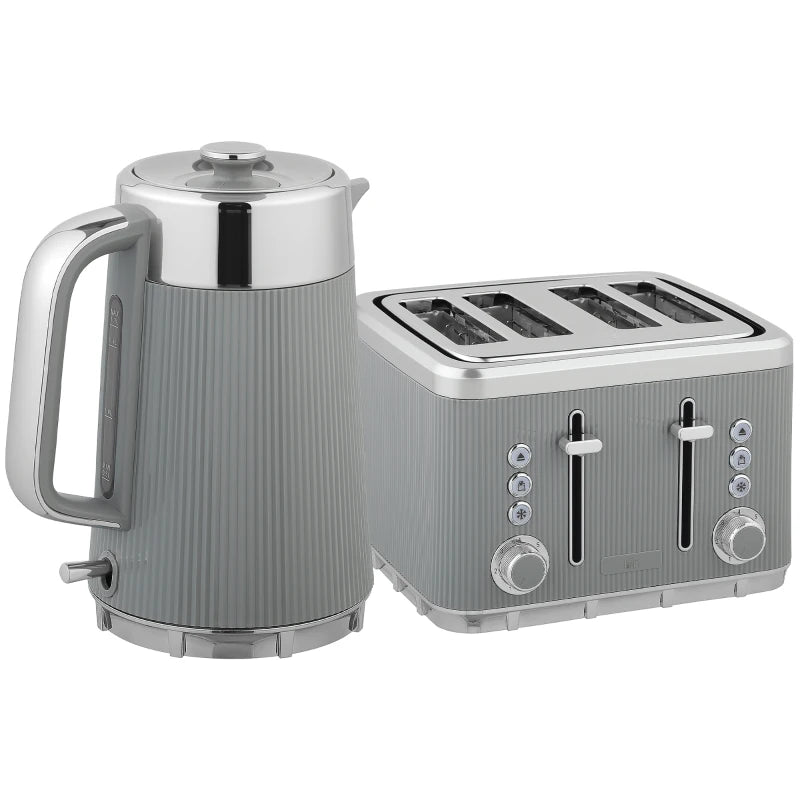 Electric Stainless Steel Kettle & Toaster Set - 3000W Fast Boil 1.7L Kettle with Limescale Filter & 4 Slice Toaster in Taupe
