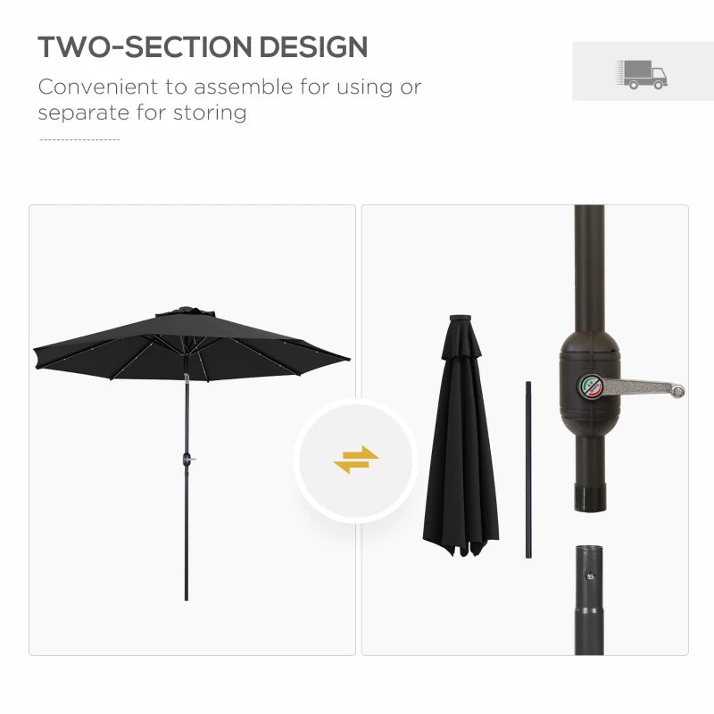 Black 2.7m Patio Umbrella with Tilt Crank and LED Lights