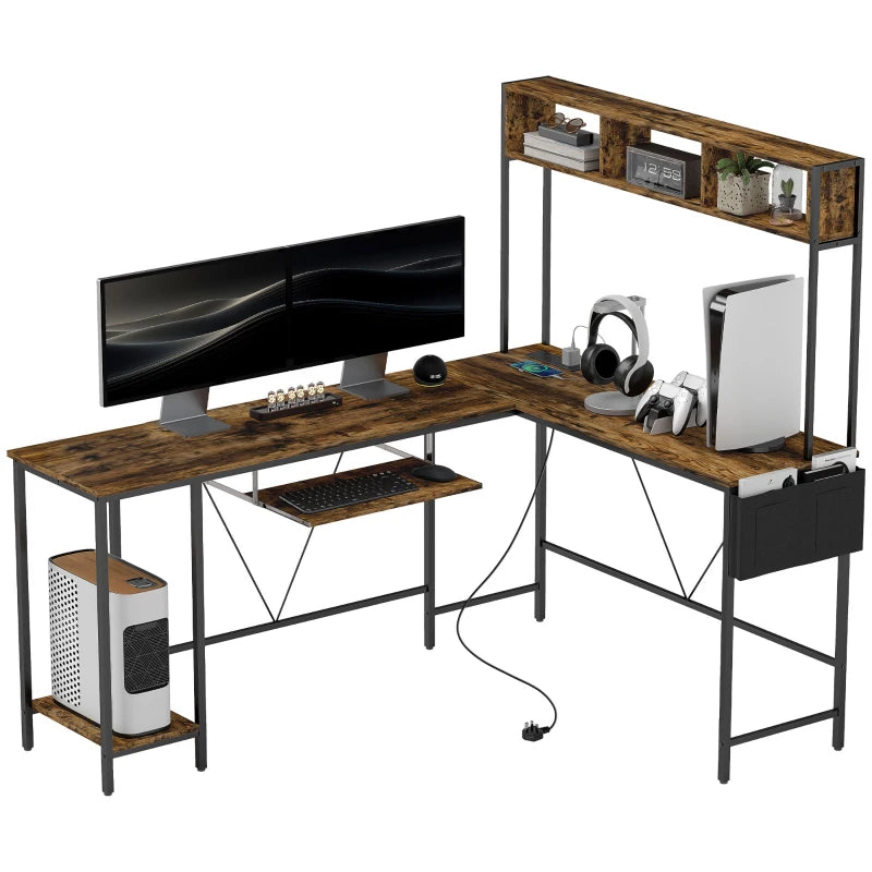 240cm Reversible L Shaped Desk with Power Outlet & Storage Shelves - Industrial Corner Computer Desk for 2 Person, Rustic Brown