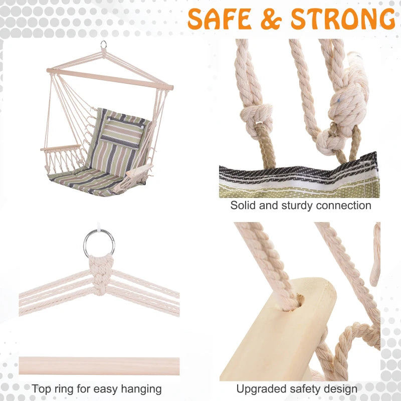 Multicoloured Striped Hanging Hammock Chair with Wooden Arms