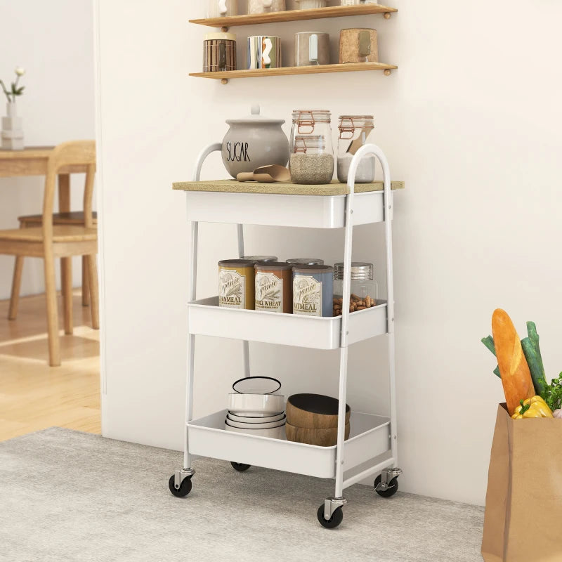 3-Tier Kitchen Storage Trolley on Wheels with Cover Top Board - Stylish White and Oak Design for Easy Organization