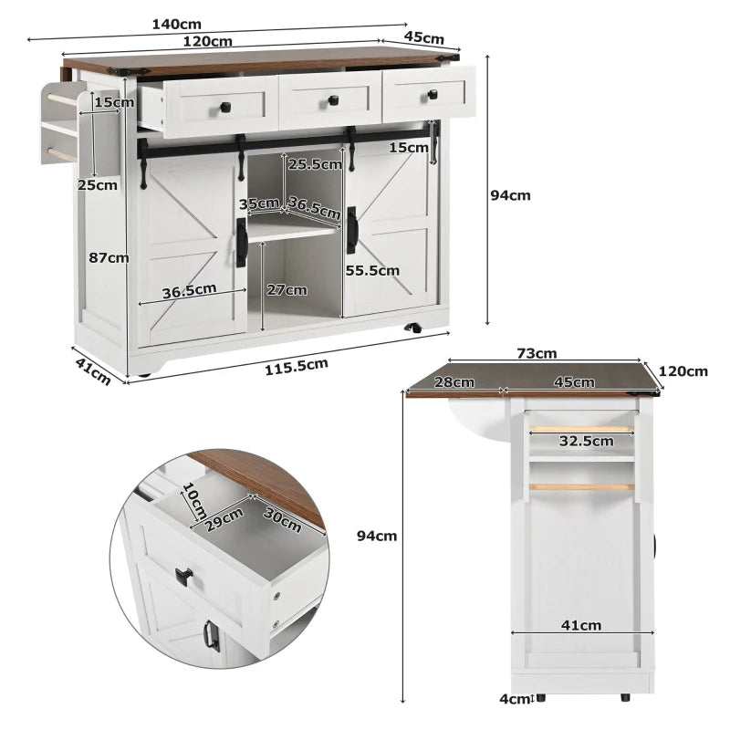 Elegant White Kitchen Island with Extendable Worktop, Smooth Wheels, Ample Storage & Foldable Cabinet - 140x45x94 cm