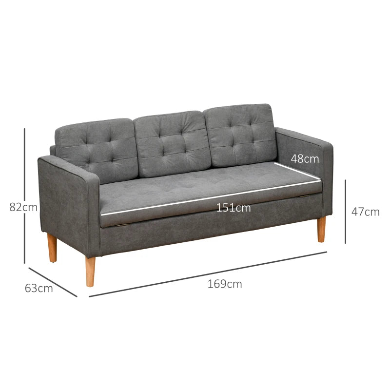 Modern 3-Seater Sofa with Hidden Storage, 169cm Tufted Cotton Couch, Compact Grey Living Room Furniture