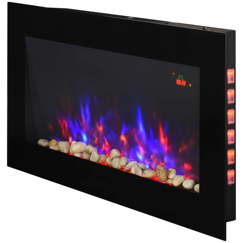 Curved Glass Electric Wall Mounted Fireplace for Living Room 1000W 2000W Black 48H x 90.8W x 11.5Dcm