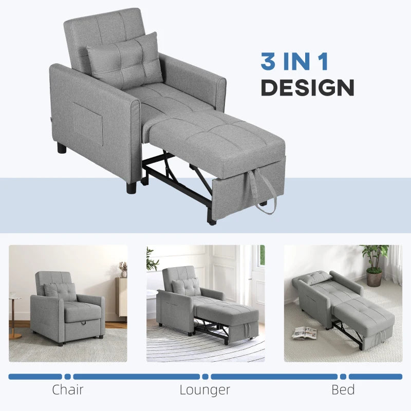 Light Grey Linen-Look Single Chair Bed for Compact Spaces and Versatile Use