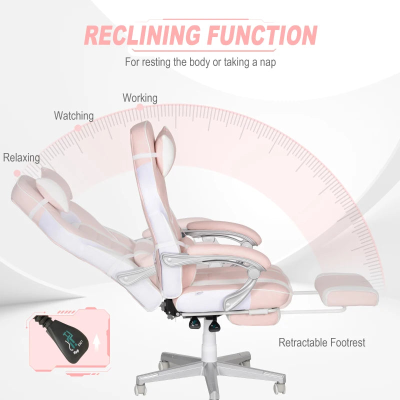 Faux Leather Pink/White Reclining Gaming Chair with Footrest - Ergonomic Comfort for Gamers
