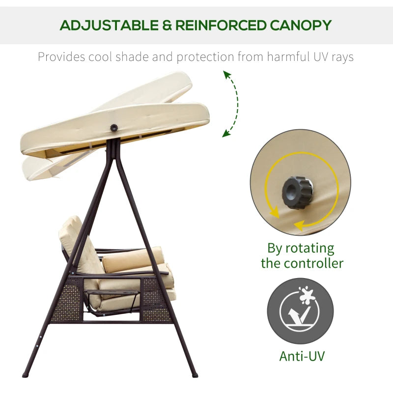 Beige 3-Seater Swing Hammock Chair with Canopy and Cushion