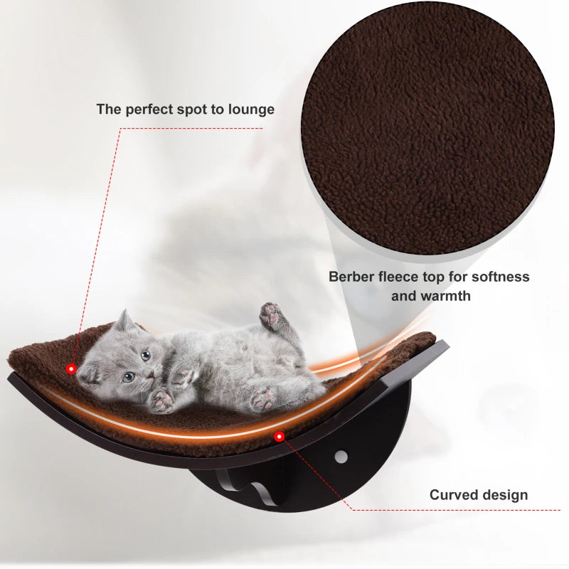 Wood Cat Shelves - Wall-Mounted Curved Kitten Bed Perch Climber Furniture, 41x28x21cm, Stylish Brown Cat Shelters