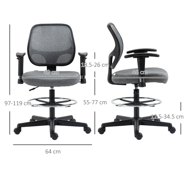 Vinsetto Ergonomic Drafting Chair - Adjustable Fabric Office Stool with Height Armrest & Foot Ring, 360° Swivel, Grey