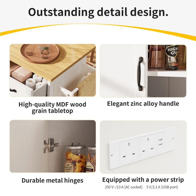 Space-Saving Kitchen Island Trolley with Power Strip, Folding Design & Wine Rack - White & Natural, 131.5L x 76W x 91H cm