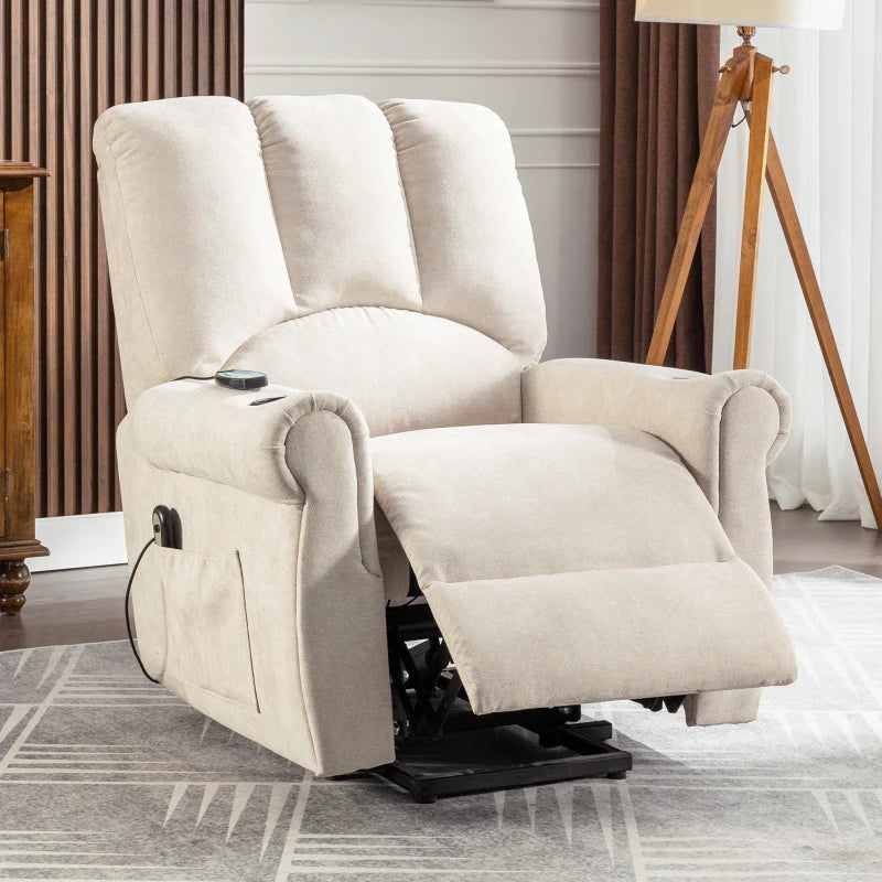 Electric Power Lift Massage Chair with Heating, Side Pockets, Stand Assist, Cup Holders, Recliner for Elderly, Beige