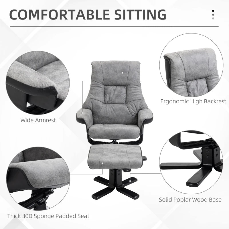 Grey Fabric Recliner Armchair with Footstool and Swivel Function for Ultimate Comfort