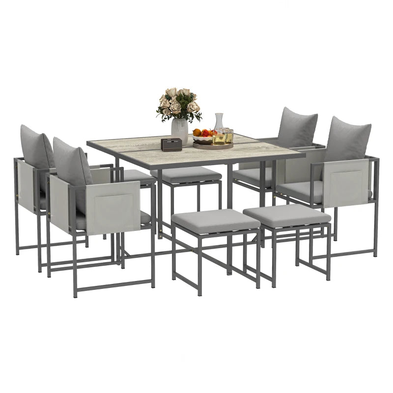 Nine-Piece Grey Steel Frame Garden Dining Set - Outdoor Furniture for Patio and Backyard