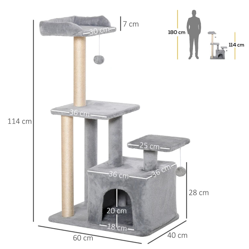 Light Grey Cat Tree Tower 114cm - Indoor Climbing Activity Centre for Kittens with Scratching Post, Perch & Hanging Ball