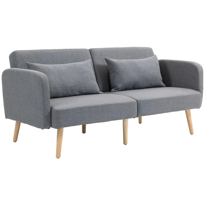 Grey Two-Seater Click-Clack Sofa Bed with Cushions for Space-Saving Comfort and Style