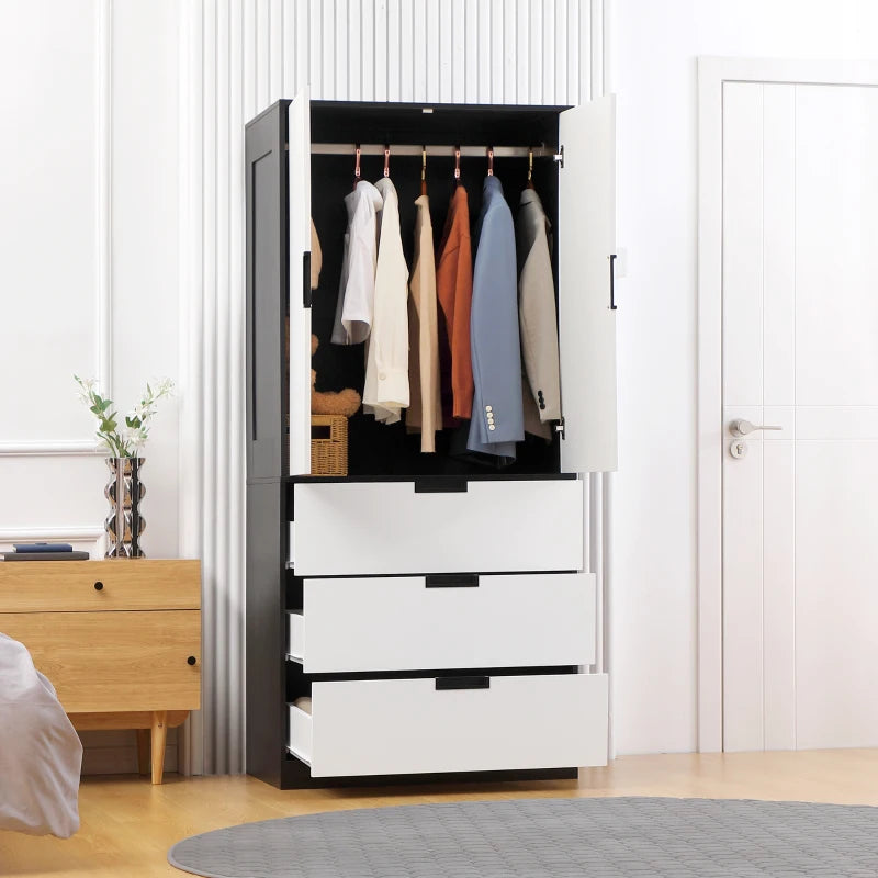 Modern Black 2 Door Wardrobe with 3 Drawers and Hanging Rod for Bedroom Storage