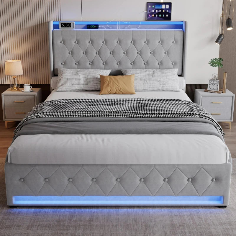 4ft6 Upholstered Double Bed with Velvet Headboard, 4 Storage Drawers, LED Lights & Charging Socket - Grey, 206L x 143W x 115H cm