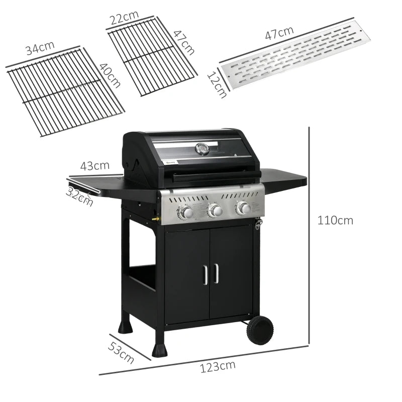 Black 9kW Three-Burner Gas BBQ Grill with See-Through Lid