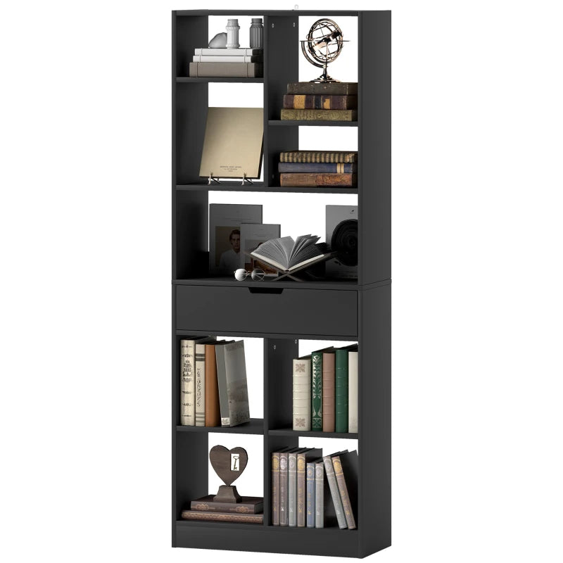 Tall Black Bookshelf with Drawer - Freestanding Bookcase for Bedroom, Living Room & Home Office Storage Solution