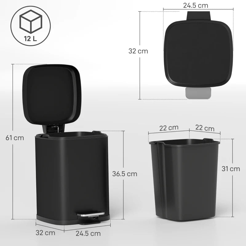 12L Modern Boxy Black Metal Kitchen Bin - Stylish Trash Can for Home Organization and Waste Management