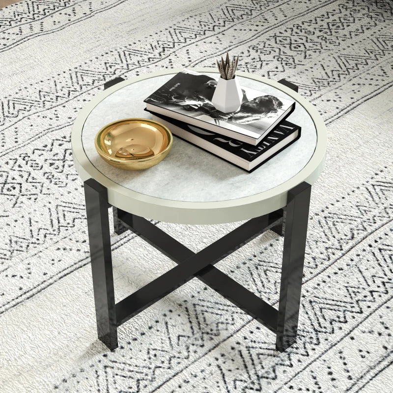 60cm Round Small Garden Table - Outdoor Side Table with Faux Marble Top, Light Grey Aluminium Frame