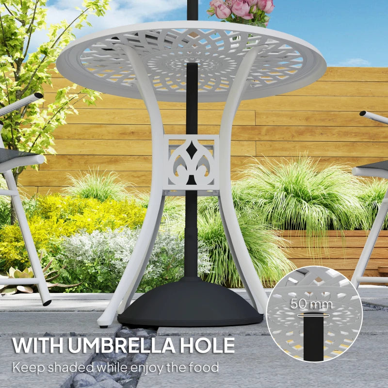 78 cm White Round Garden Dining Table with Parasol Hole - Antique Cast Aluminium Outdoor Table