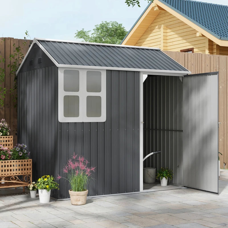 7x6ft Dark Grey Galvanised Garden Shed with Latch - Durable Outdoor Storage Solution