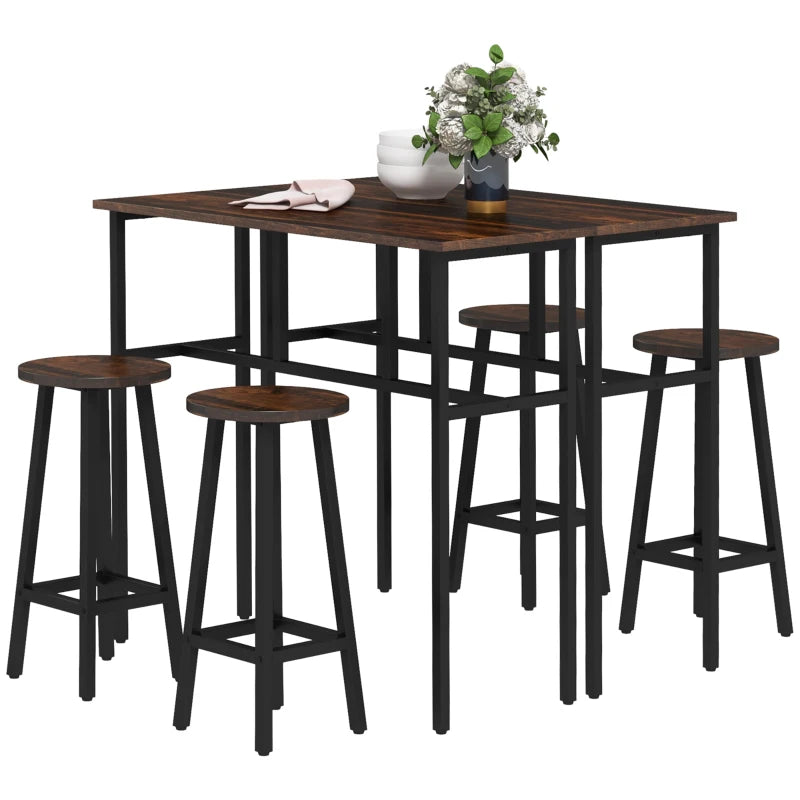 6-Piece Rustic Brown Bar Table Set - Space-Saving Counter Height Dining Set with 2 Tables & 4 Stools for Small Spaces